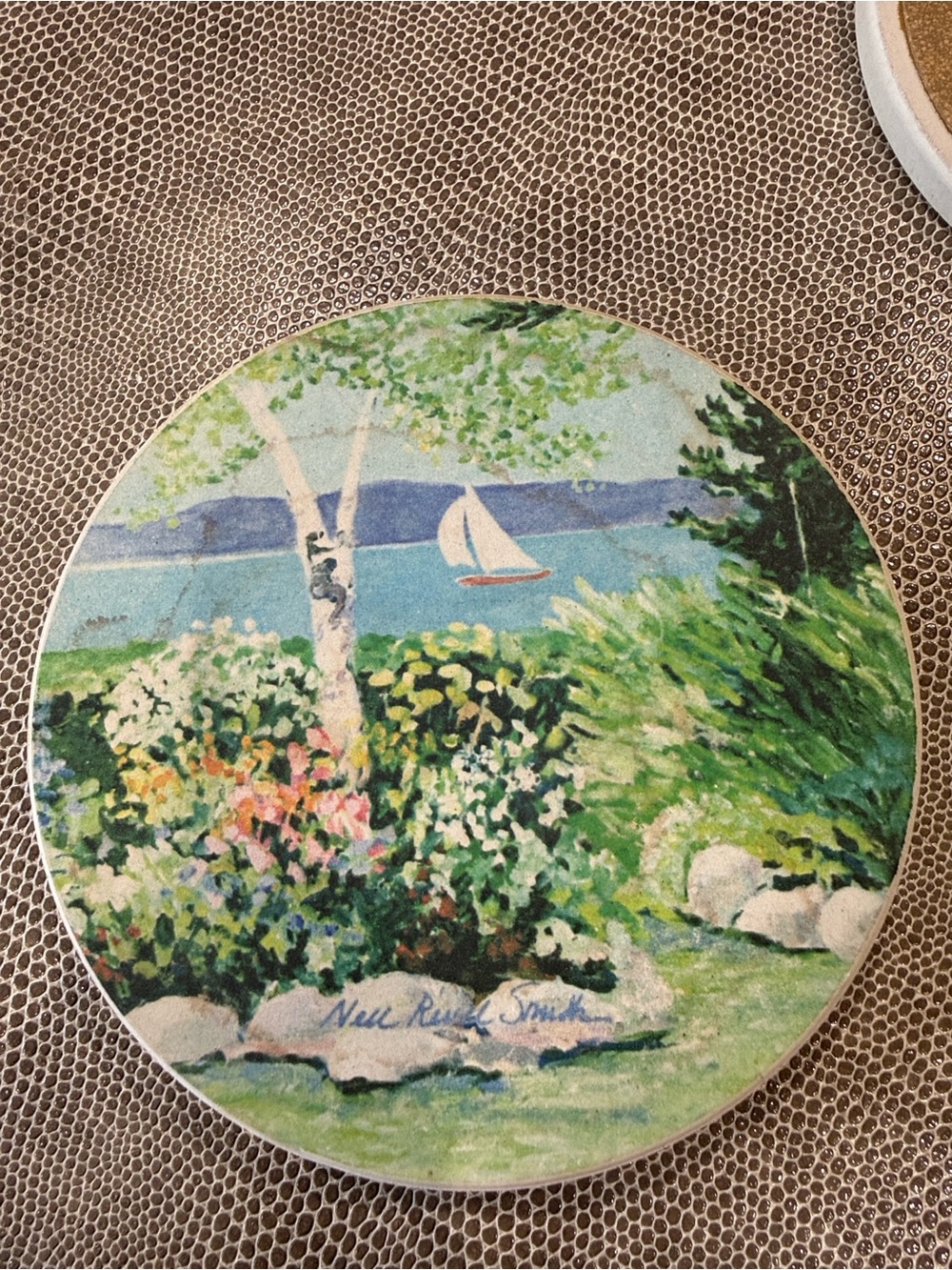 Scenic signed Coastal Floral Round Stone Coasters - Set of 4 - Picture 7 of 10